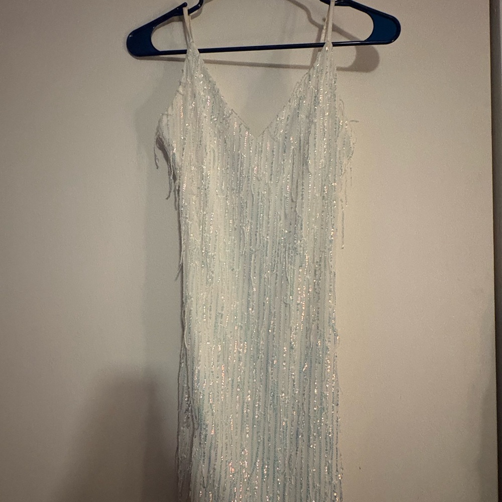 B Darlin White Dress with Sequin Fringe